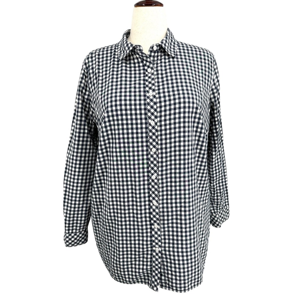 Talbots Gingham Blouse Button Down Dark Navy Blue Cotton Long Sleeve Women's 2X